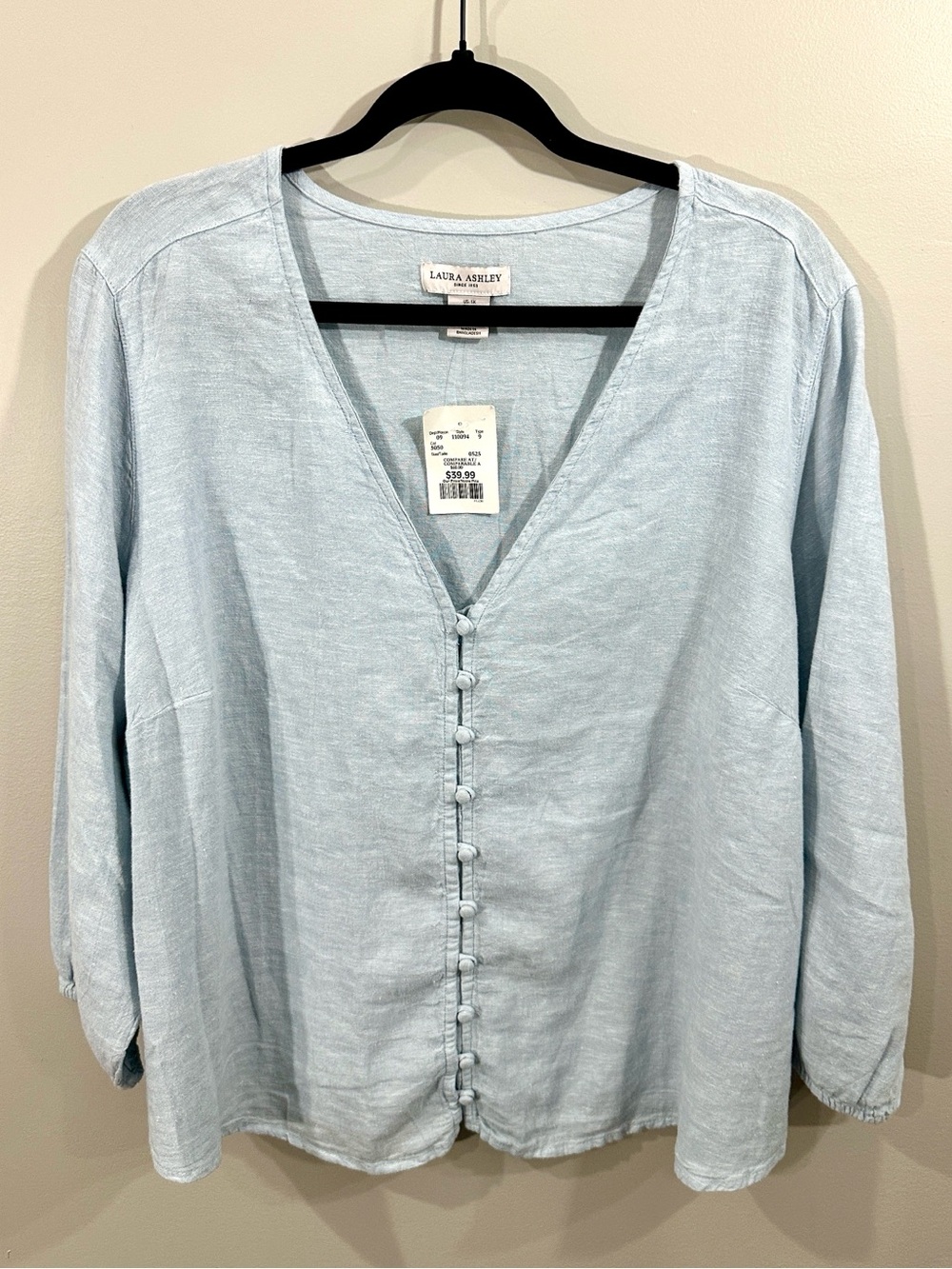 Laura Ashley Pale Blue Linen-Blend Button-Front V-Neck Blouse, 1X